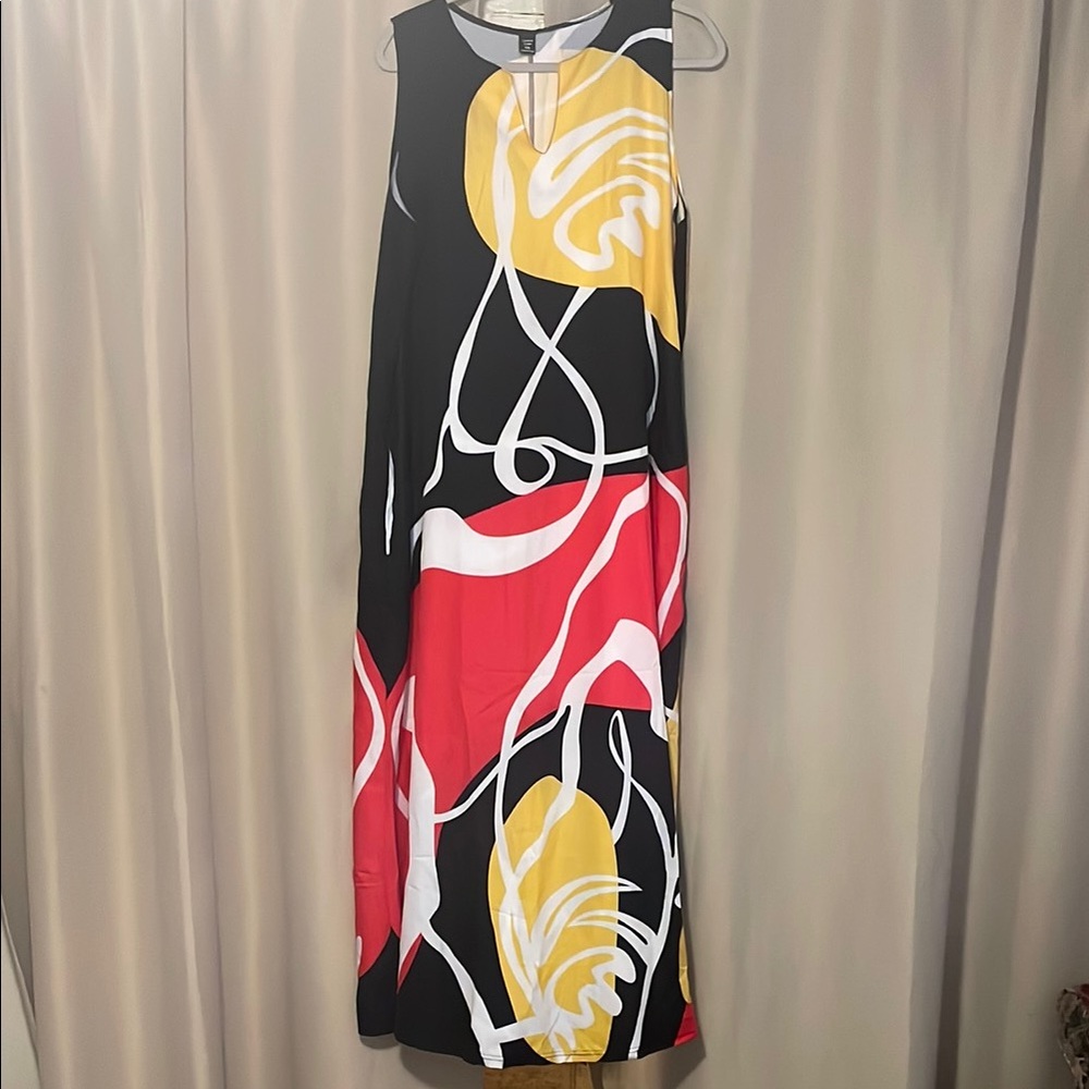 White and Yellow Sleeveless Mock Neck Sheath Maxi Dress
